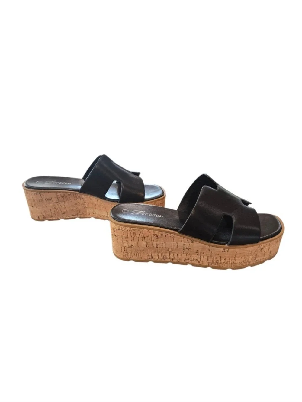 Forever 21 Black Faux Leather Platform Wedge Sandals 7.5